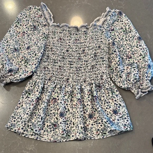 Max Studio White Smocked Peasant Blouse with Blue and Green Floral Print - Picture 1 of 4